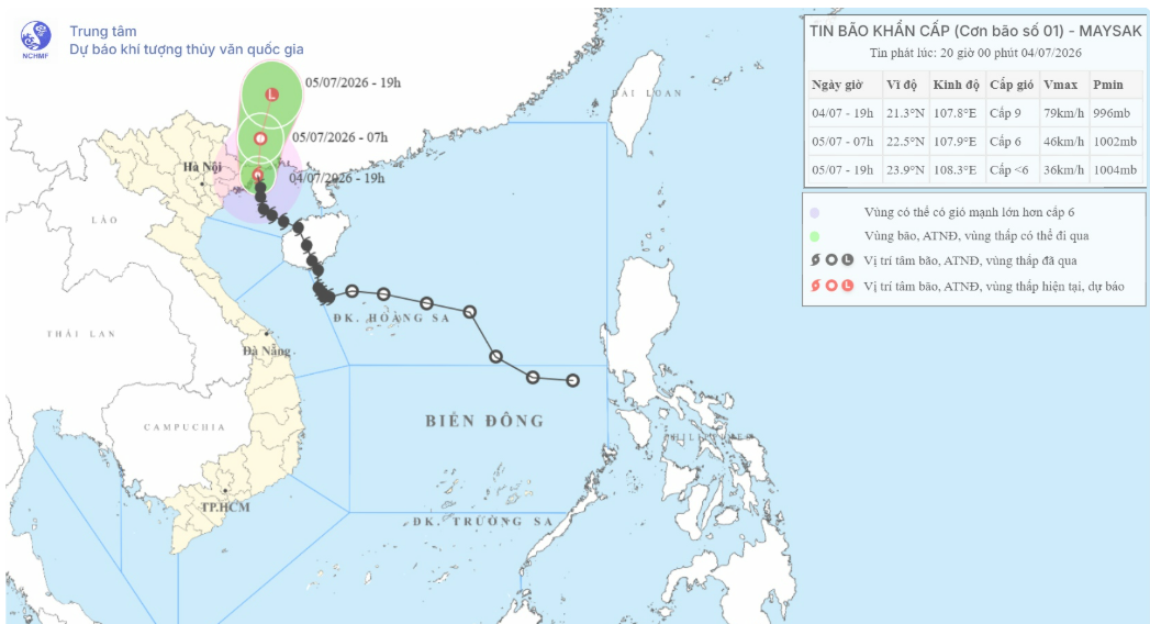 Tin bão khẩn cấp cơn bão số 1 lúc 20h ngày 4/7/2026